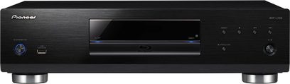 Pioneer BDP-LX58 sort Blu-ray-afspiller, set forfra, sort front med blå LCD-skærm, knapper og USB-stik