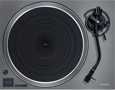 Platine vinyle Technics SL-1500CS gris foncé, grand plateau noir cerclé métal, bras de lecture en S et commandes discrètes
