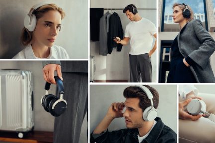 Montage de casques audio circum-auraux en plastique et métal, blancs, gris et noirs, arceau rembourré, vues variées