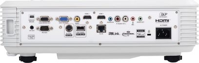 Optoma GT5500+ hvid videoprojektor, set forfra, med HDMI-, VGA-, USB-, RJ45-, RS-232-, audio- og 12V-udgangstilslutninger samt kontrolpanel