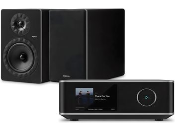 Sistema hi-fi Elipson nero con due diffusori da scaffale e lettore di rete con schermo, vista frontale