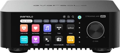 Integrovaný stereofonní hi-fi zesilovač EverSolo Play v černé barvě z hliníku, pohled zepředu, s barevným dotykovým displejem na levé straně předního panelu a velkým kruhovým ovládacím kolečkem objemu s lemováním na pravé straně