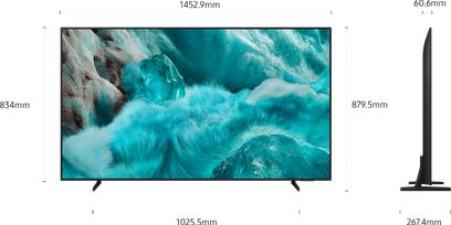 Samsung TQ65Q7F4 2025 højopløsnings-tv i sort med slank ramme af metal og plast, understøttet af to adskilte fødder, vist forfra og fra siden for at fremhæve dets slanke profil