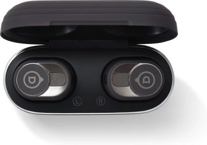 Безжичен слушален апарат Devialet Gemini II в матов черен цвят, преден изглед, черни блестящи овални вътреушни слушалки