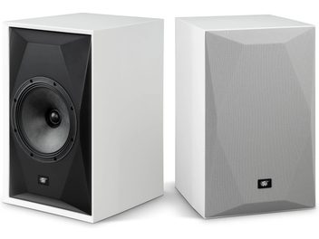 Deux enceintes bibliothèque Mofi Electronics SourcePoint 10 Master Edition blanches, avec haut-parleur noir et grille grise