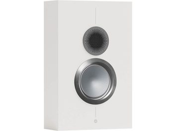 Monitor Audio Gold On-Wall 6G bokhyllehögtalare vit satin, framsida, silverfärgad cirkulär högtalare, svart galler