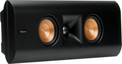 Altavoz de pared Klipsch RP-240D negro con dos altavoces cobrizos y pabellón central visto de frente