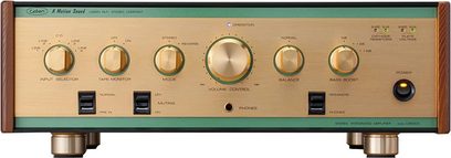 Leben CS 600X rør-hi-fi-forstærker, mørkegrøn front og træ, forgyldte knapper, set forfra