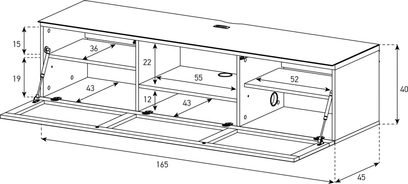 Teknisk diagram med dimensioner af et Sonorous Studio STA160T-WHT-GRY TV-møbel i hvid og grå, set forfra og fra siden