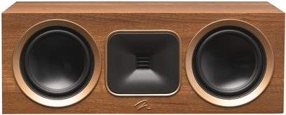 Centrální reproduktor MartinLogan Foundation C1 v ořechovém provedení, pohled zepředu, 2 černé kruhové reproduktory, 1 černý obdélníkový centrální výškový reproduktor, dřevěná skříň