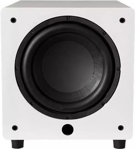 Velodyne Impact X12 matte witte subwoofer, vooraanzicht, centrale ronde zwarte luidspreker in een witte kubieke behuizing