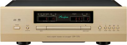 Cititor CD de înaltă fidelitate Accuphase DP-570, vedere frontală, finisaj auriu, ecran central, butoane circulare și dreptunghiulare