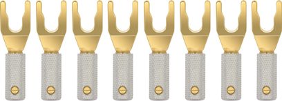 Set di 8 forcelle Wireworld Uni-Term gold per cavi diffusori, steli dorati e corpo in argento testurizzato