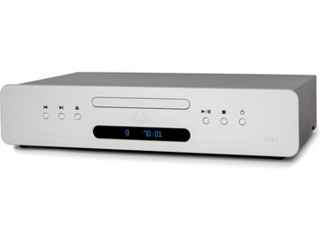 CD-spelare Atoll Elektronik CD50 Evolution silver, sedd framifrån, frontpanel med runda knappar, blå digital skärm