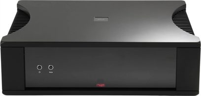 Ampli intégré stéréo Rega Solis noir, façade minimaliste avec boutons veille et mute, vue de face