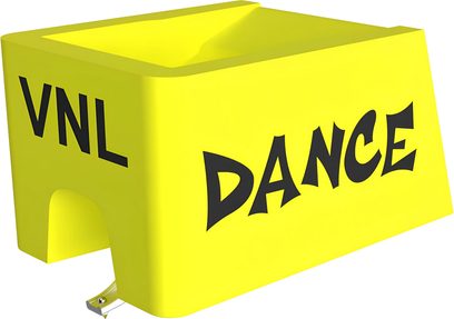 Sarı Ortofon VNL DANCE iğnesi, plastik gövde, VNL ve DANCE yazıları, gümüş renkli kantilever, üç çeyrek açıdan görünüm