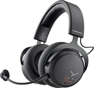 Beyerdynamic MMX 200 trådløse gaming-headset sort, set fra siden, polstret hovedbøjle, cirkulære ørepuder, fleksibel mikrofon