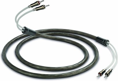 QED Supremus grå lydkabler, 2 x 2,5 m, RCA-stik med guldbelægning, grå flettet kappe, set ovenfra på hvid baggrund