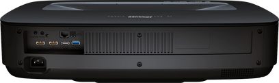 Hisense PL2 Beamer, Rückansicht, sichtbare Anschlüsse: 2 HDMI-Ports, 1 USB-Port, 1 Ethernet-Port, Stromanschluss