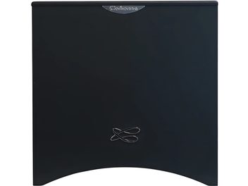 Santorin 17 M2 subwoofer svart, frontvy, slät svart yta, metallisk logotyp upptill och silvermönster nedtill