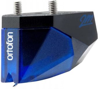 Ortofon 2M Blue Verso platin vinil kartuş, ön ve yan görünüm, siyah ve mavi gövde, gümüş okuma ucu