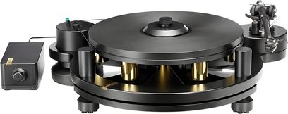 Musta kuldsete detailidega Michell Engineering GYRO T8 Cusis E vinüülplaadimängija, toonarm paremal