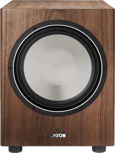 Canton Townus 12 Sub -subwoofer, pähkinäviimeistely, neliönmuotoinen puukotelo, jonka etupuolella harmaa, mustalla reunustettu kaiutin