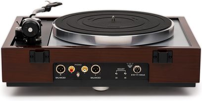 Giradischi hi-fi TD 1600 con TP160 noce, vista posteriore, base rettangolare, braccio di lettura, connettori audio visibili