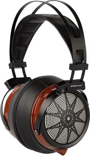 Åbent hi-fi hovedsæt Sendy Audio Apollo, sort og træ, runde ørepuder med metalrist, polstret læderhovedstykke