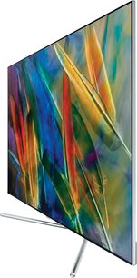 Samsung QE65Q7F-tv, 65" fladskærms QLED-tv, sølvfarvet smal ramme, set fra siden, viser farvede fjer