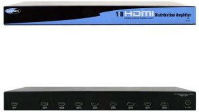 Czarny rozdzielacz sygnału HDMI Gefen 1:8, widok z przodu i z góry, z 8 portami wyjściowymi i 1 portem wejściowym