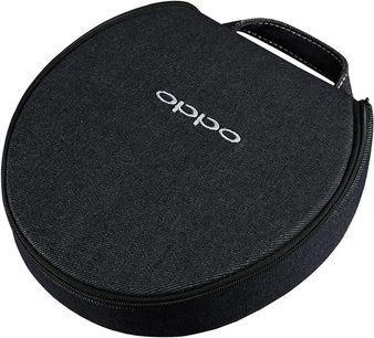 OPPO PM-2 EU lukket hovedtelefon, sort, set fra siden i en rund sort transporttaske med lynlås