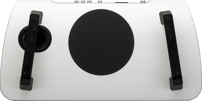 Pioneer XW-NAS3 hvid pladespiller, set ovenfra, sort cirkulær pladetallerken i midten, to sorte tonarme i siderne