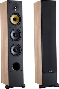 Dvě sloupové reproduktory Davis Acoustics Ariane 7 ze světlého dubového dřeva, černý difuzor, žlutý středový reproduktor, dva woofery, jeden s mřížkou