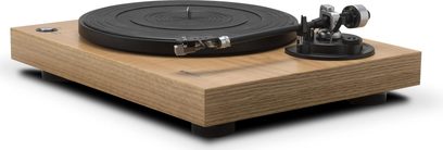 Platine vinyle Roberts RT100 en bois clair avec plateau noir, bras de lecture et cellule sur socle carré