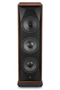 Kolumna głośnikowa Mofi Electronics SourcePoint V10 orzech, widok z przodu, obudowa w kolorze orzecha i czarny front z trzema głośnikami