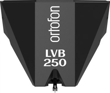 Gramodeska kazeta Ortofon 2MR black LVB 250, pohled ze spodní strany, matně černé tělo, bílý nápis "ortofon LVB 250"