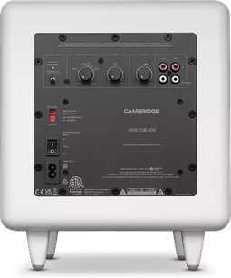 Subwoofer Cambridge Audio MSX Sub 300 wit, achteraanzicht met zwart bedieningspaneel en aansluitingen
