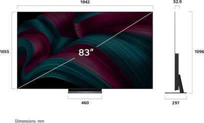 Schema delle dimensioni del televisore LG OLED83C5 nero, schermo OLED da 83 pollici in vetro a bordo ultra-sottile, presentato in vista frontale e laterale con piedistallo centrale rettangolare