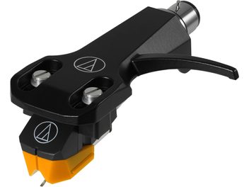 Audio-Technica AT-VM95EN/H phono cartridge mounted on black headshell with orange stylus, side view