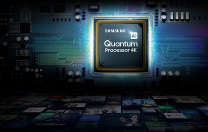 Samsung Quantum 4K AI-processor på lysende blå printplade, omgivet af elektroniske komponenter