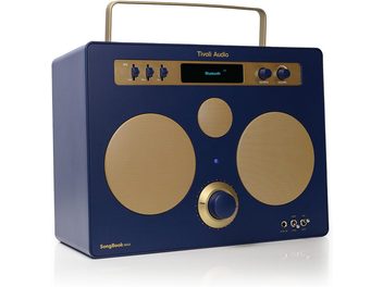 Cassa Bluetooth portatile Tivoli SongBook Max, custodia blu, griglie metalliche dorate, maniglia, schermo e pulsanti