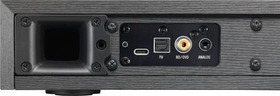 Yamaha SRT-700 sort soundbar, bagside, analog og digital audio/video-tilslutning, kontrolknapper