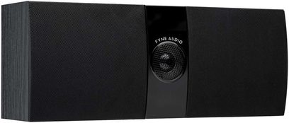 Fyne Audio F300C centralhøjttaler i sort træ, set forfra, sort gitter, sølvfarvet diskant, rundt logo i midten