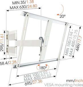 Diagrama técnico com dimensões de um suporte de TV de parede giratório THIN 545 branco da Vogel's, visto de perfil e de frente