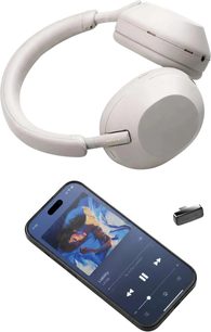 Transmițător wireless Questyle QCC DONGLE PRO 2 negru, lângă un smartphone și o pereche de căști Sony gri deschis