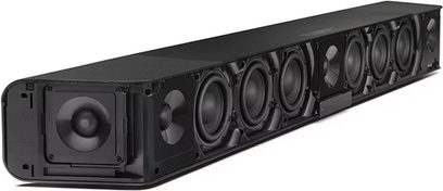 Černý soundbar Sennheiser AMBEO Soundbar Max, pohled zepředu, na přední straně viditelných 6 kulatých reproduktorů