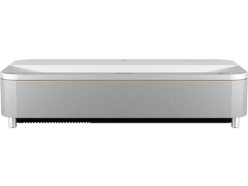 Epson EH-QS100W videoprojektor, eestvaade, valge ja halli ristkülikukujuline korpus, kuldne ääris, must alumine võre, silindrilised jalad