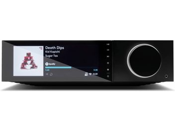 Cambridge Audio EVO 150 svart hi-fi stereoanlegg, frontvisning, viser avspilling, volumkontroll til høyre
