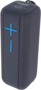 Altoparlante bluetooth Yourban Getone 40, vista angolare, forma rettangolare, tessuto nero, pulsanti blu più e meno, pannello superiore con comandi